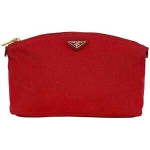 Prada Pouch Clutch Red ROSSO Canapa Canvas Leather Zip Triangle Plate Cosmetic